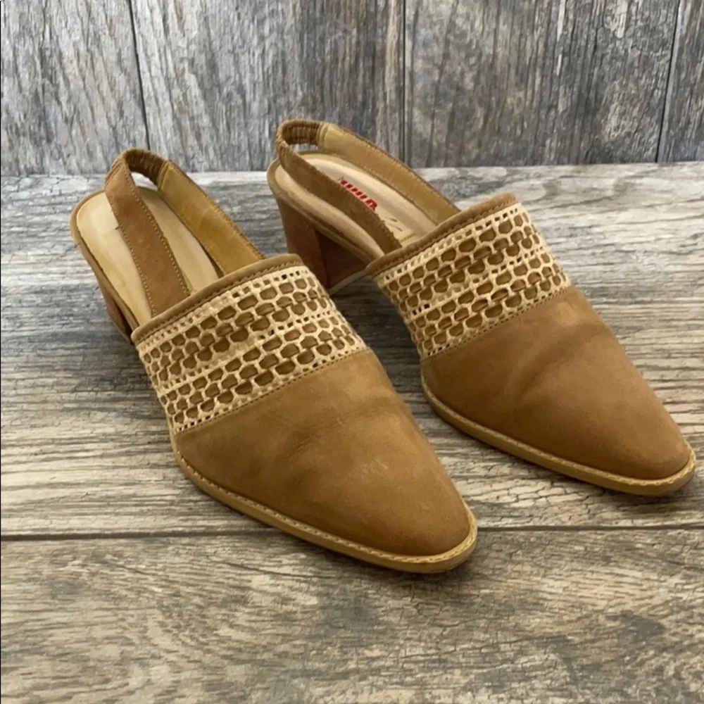 Wild Pair Boho Leather Slip On Basketweave Mule Heels Tan 7.5B - Picture 7 of 15